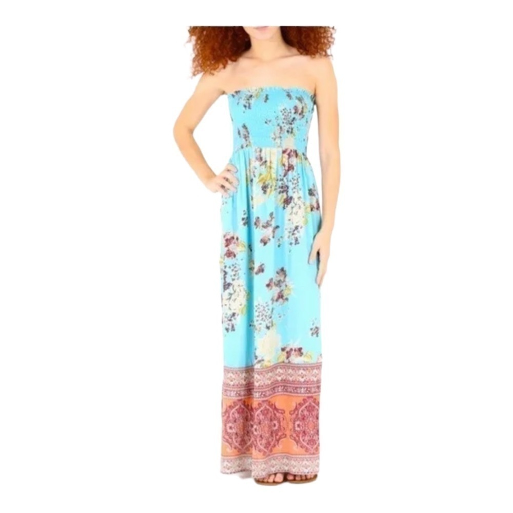 𝅺angie Blue Smocked Bodice Coral Border Print Maxi